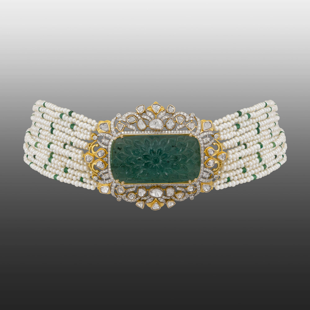 Carved Green Stone Polki Choker with Pearl Strands
